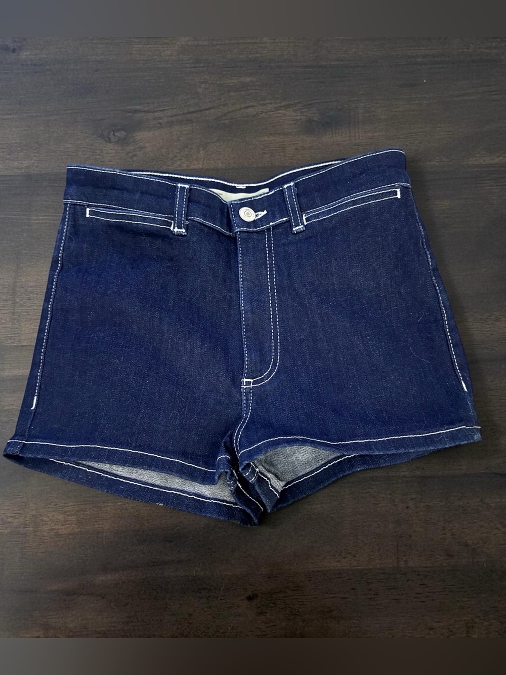 LIKE NEW TOPSHOP MOTO DARK BLUE WASH SOFT DENIM HIGH RISE SHORTS SIZE 28